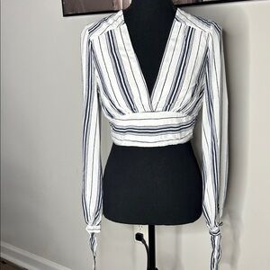 Fashion Nova White and Black Striped V-Neck Blouse